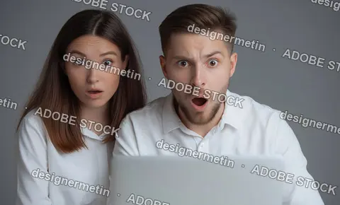 Young Couple Looking At Laptop With Shocked Expressions Representing Unexpected News Online Reaction And Digital Communication Experience Together