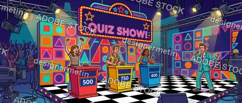 Retro Cartoon Quiz Show Stage Illustration With Three Contestants Host Buzzers Neon Lights And Cheering Audience