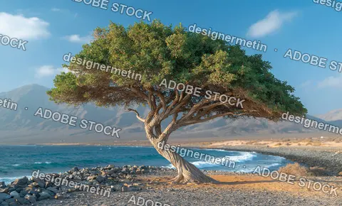 Twisted Green Tree Growing On A Rocky Coast Near Blue Ocean Water With Majestic Mountains In Distance