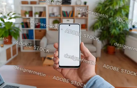 Hand Holding Modern Smartphone With Blank White Screen Mockup In Bright Cozy Living Room Interior Home Office