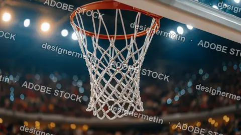 Professional Basketball Hoop With A White Net Hanging In A Crowded Arena Under Bright Lights During Game