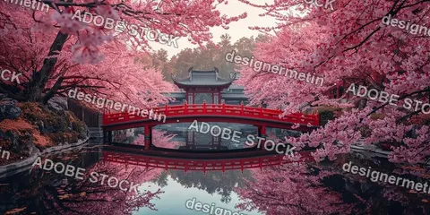 Traditional Red Bridge Surrounded By Blooming Cherry Trees Reflecting On Calm Water In Serene Asian Garden Landscape