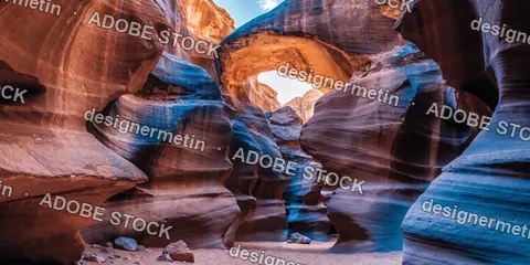 Sunlit Desert Canyon With Sculpted Sandstone Arch And Smooth Flowing Rock Formations Reflecting Vivid Geological Patterns