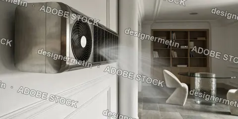 Wall Mounted Air Conditioning Unit Blowing Cool Air Inside Minimalist Meeting Room With Modern Furniture And Soft Lighting