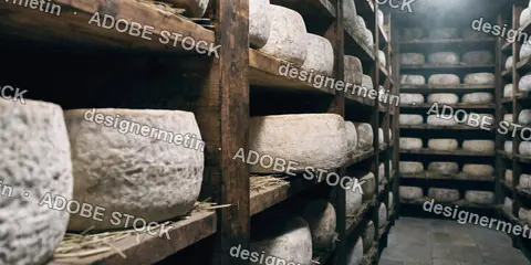 Artisan Cheese Wheels Aging On Wooden Shelves In Rustic Cellar With Textured Rinds And Soft Light Ambiance