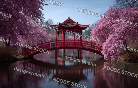 Traditional Red Wooden Bridge Over Calm Reflective Lake Surrounded By Blooming Cherry Blossom Trees In Spring Season