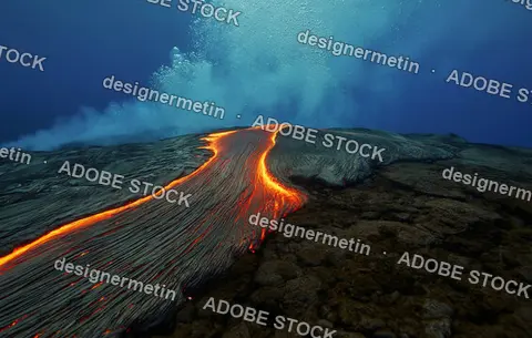 Molten Lava Flowing Beneath Ocean Surface Emitting Steam And Bubbles Across Rugged Volcanic Seabed In Dramatic Scene