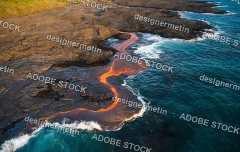 Aerial View Of Lava River Meeting Ocean Waves Along Rugged Coastline Creating Steam And Dramatic Natural Contrast