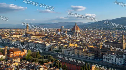 Florence Italy Historic Cityscape Aerial View With Duomo Cathedral Bell Tower And Arno River At Daytime