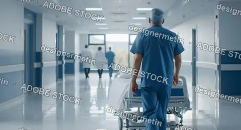 Healthcare Professional In Blue Scrubs Walking Down Clean Hospital Corridor Pushing Medical Gurney With Colleagues In Background