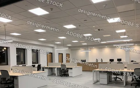 Bright And Spacious Modern Open Office Interior Featuring Ergonomic Chairs And Sleek White Desks Under Grid Lighting