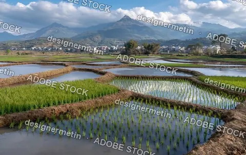 Early Spring Flooded Rice Paddy Fields With Young Green Seedlings Mountain Village And Dramatic Cloudy Sky