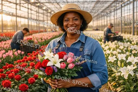 Smiling Black Woman Florist Holding A Colorful Flower Bouquet In A Greenhouse During Golden Hour Sunset Light