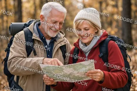 Happy Senior Couple Exploring Autumn Forest With Backpacks While Looking At A Paper Map Together During Hike