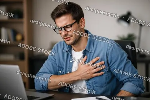 Man With Glasses Holding Chest Feeling Sudden Heart Pain During Work At Laptop Computer In Home Office