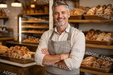 Professional Mature Male Baker Standing With Arms Crossed In Front Of Fresh Bread On Shelves In Bakery