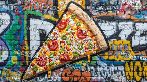 Vibrant Graffiti On Brick Wall Showing Large Slice Of Pizza With Pepperoni Mushrooms Onions And Green Olives