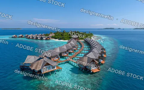 Aerial View Of Luxury Overwater Bungalows On Tropical Island With Crystal Clear Turquoise Water In The Maldives