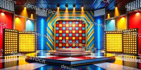 Colorful Television Game Show Stage Set With Empty Center Podium Marquee Lights And Glowing Tile Backdrop