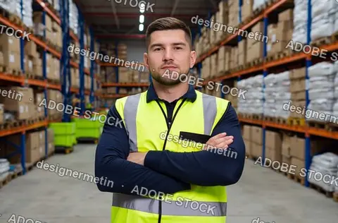 Confident Young Male Warehouse Worker In Yellow Safety Vest Standing Arms Crossed In Logistics Storage Facility