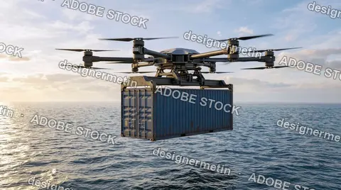 Advanced Industrial Drone Carrying Heavy Cargo Container Across Ocean Waters For Global Logistics And Modern Shipping Technology