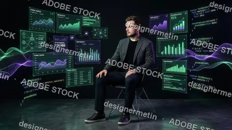 Young Professional Businessman Sitting In Chair Interacting With Futuristic Holographic Digital Data Visualization Dashboard And Coding Interface