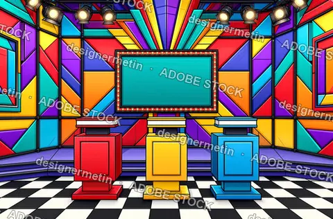 Vivid Retro Television Studio Set With Colorful Geometric Panels Stage Lights And Podiums For Game Show Scene