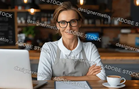 Confident Middle Aged Female Business Owner Wearing Glasses And Apron Sitting At Cafe Counter With Laptop Computer