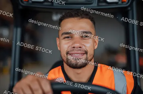 Happy Young African American Man Driving Forklift In Warehouse Wearing Orange Safety Vest And Looking At Camera
