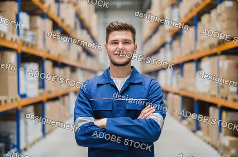 Portrait Of Young Male Warehouse Worker In Blue Uniform Standing With Arms Crossed In Distribution Center Aisles.