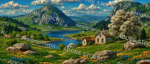 Serene Mountain Landscape With Stone Cottages By Blue River Valley Under Sunny Sky With White Blooming Trees