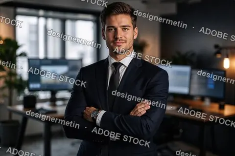 Confident Young Businessman In Navy Suit With Arms Crossed Standing In Modern Corporate Office