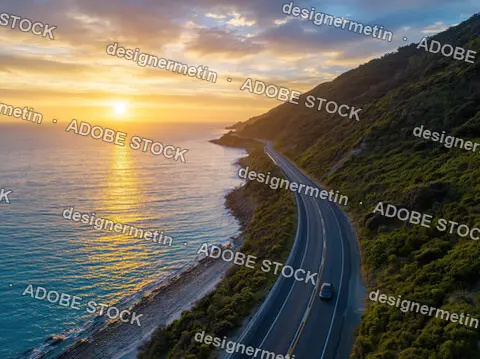 Stunning Aerial View Of A Winding Coastal Road Along The Ocean Cliffs At Sunset During Golden Hour