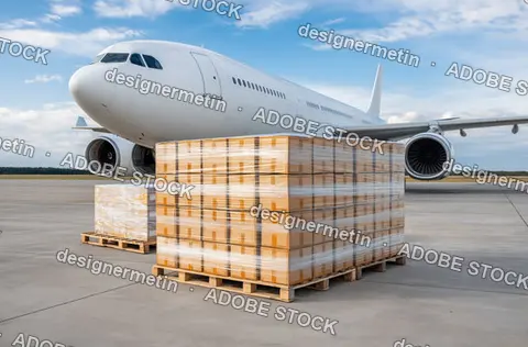 White Cargo Airplane Parked On An Airport Runway With Stacked Cardboard Boxes On Wooden Pallets For Transportation