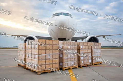 Cargo Airplane Loading Pallets On Airport Runway In Global Trade Hub