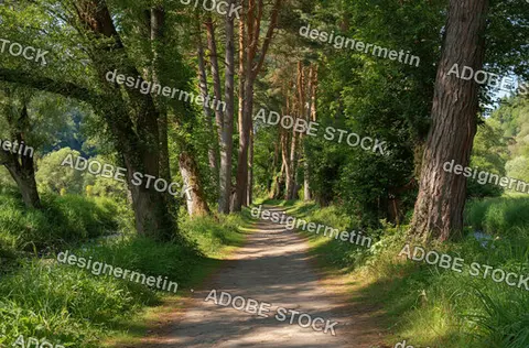 Forest Dirt Path Winding Through Tall Green Trees