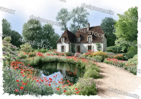 French Cottage Overlooking Blooming Poppy Garden And Pond