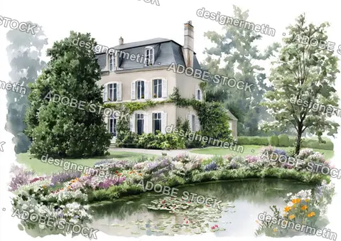 Watercolor French Country House Overlooking Garden Pond