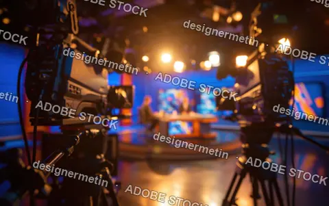 Video Cameras Filming News Broadcast In Television Studio