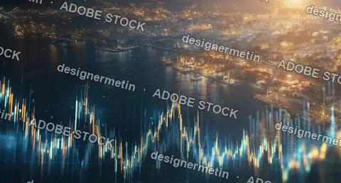 Financial Stock Chart Overlaying Industrial Port At Night
