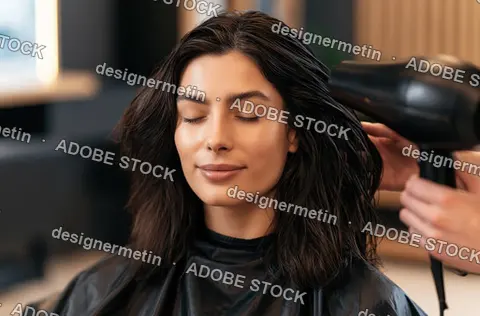 Relaxed Woman Drying Wet Brunette Hair In Elegant Beauty Salon Setting