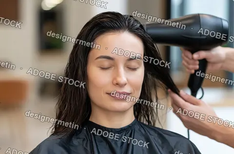 Calm Woman Receives Expert Blow Dry Treatment In Modern Hair Salon Spa