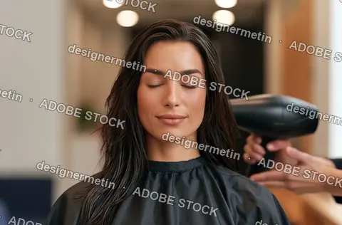 Serene Brunette Woman Enjoys Warm Blowout Styling In Modern Salon Room