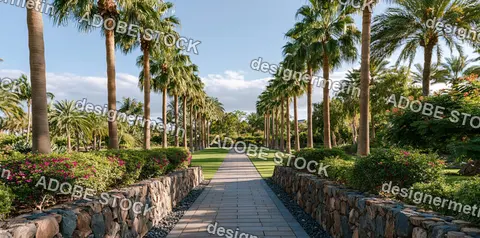 Palm Garden Walkway With Flowers And Stone Walls In Sunny Resort Paths