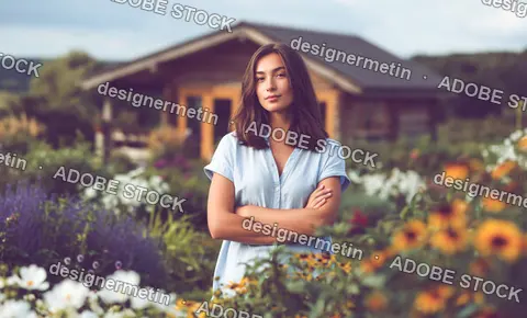 Confident Woman Posing In Blooming Flower Garden Near Wooden House