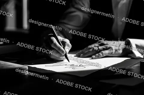 Hands Signing Document With Pen In Dramatic Dark Office