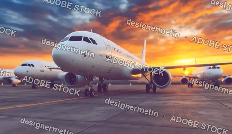 Commercial Airplanes Parked On Airport Tarmac At Sunset