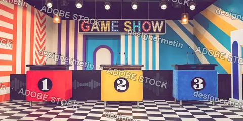 Colorful Retro Game Show Television Studio With Three Numbered Contestant Podiums Marquee Sign And Striped Backdrop