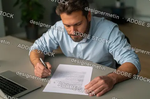 Young Businessman Signing Legal Document Or Contract Agreement At Desk With Laptop In Home Office