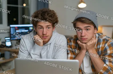 Two Young Men Looking At Laptop Screen With Worried Facial Expressions